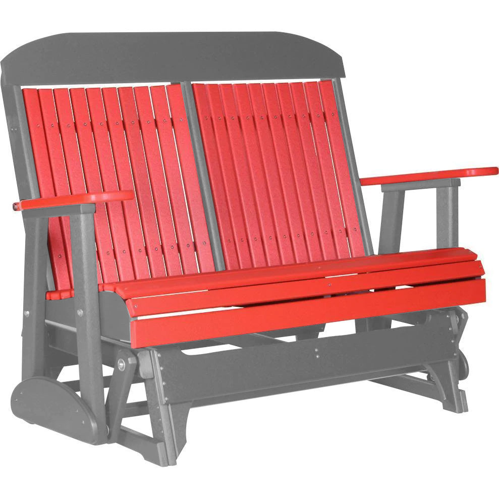 LuxCraft 4 ft. Red Recycled Plastic Highback Outdoor Glider Bench with Cup Holder - Perfect for Patio, Garden, and Backyard Relaxation