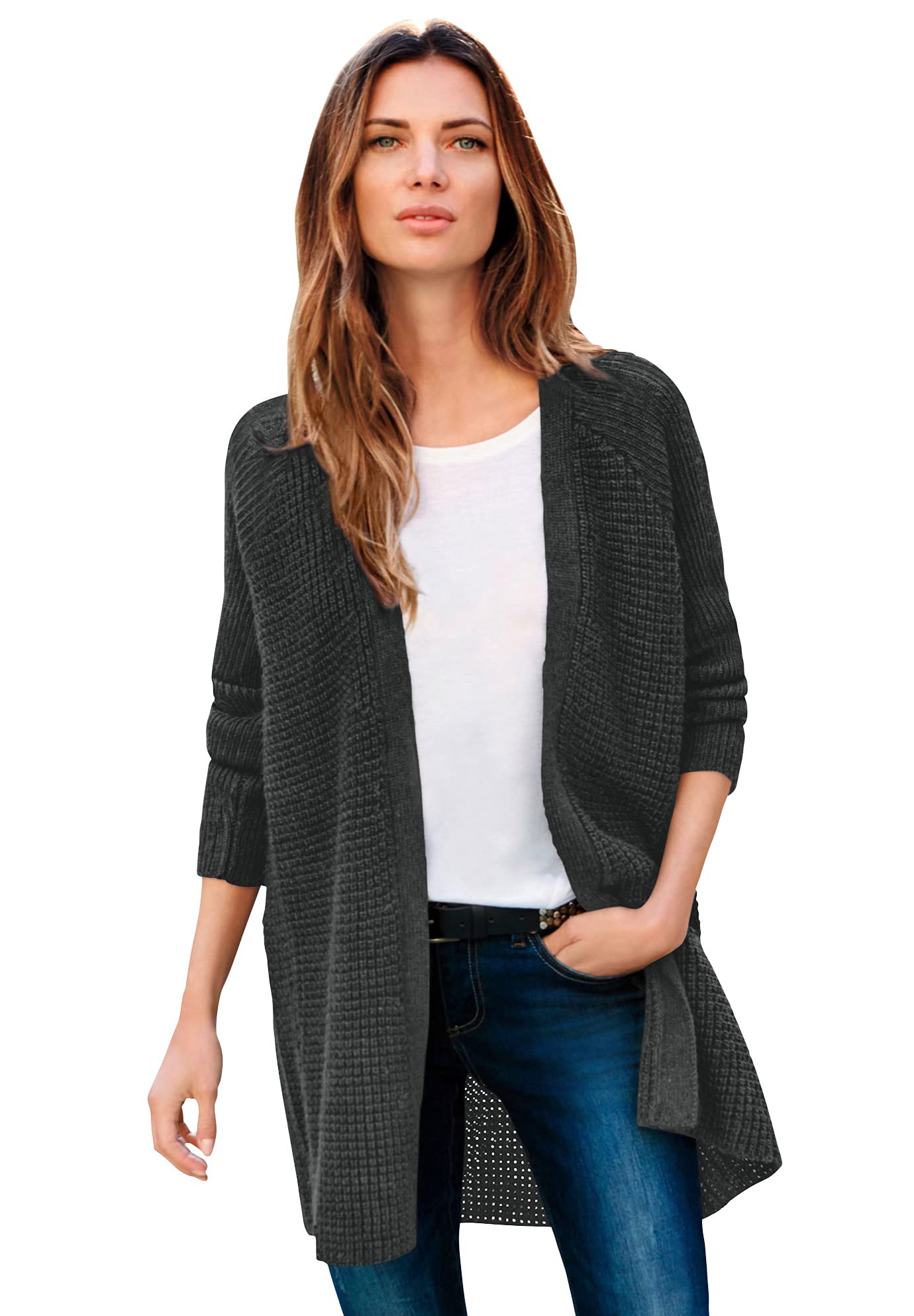 Ellos Women's Plus Size Open Front Waffle Cardigan - Oversized Long Lightweight Sweater for Lounge, Office & Casual Wear | Soft Knit Cover-Up for Fall & Winter