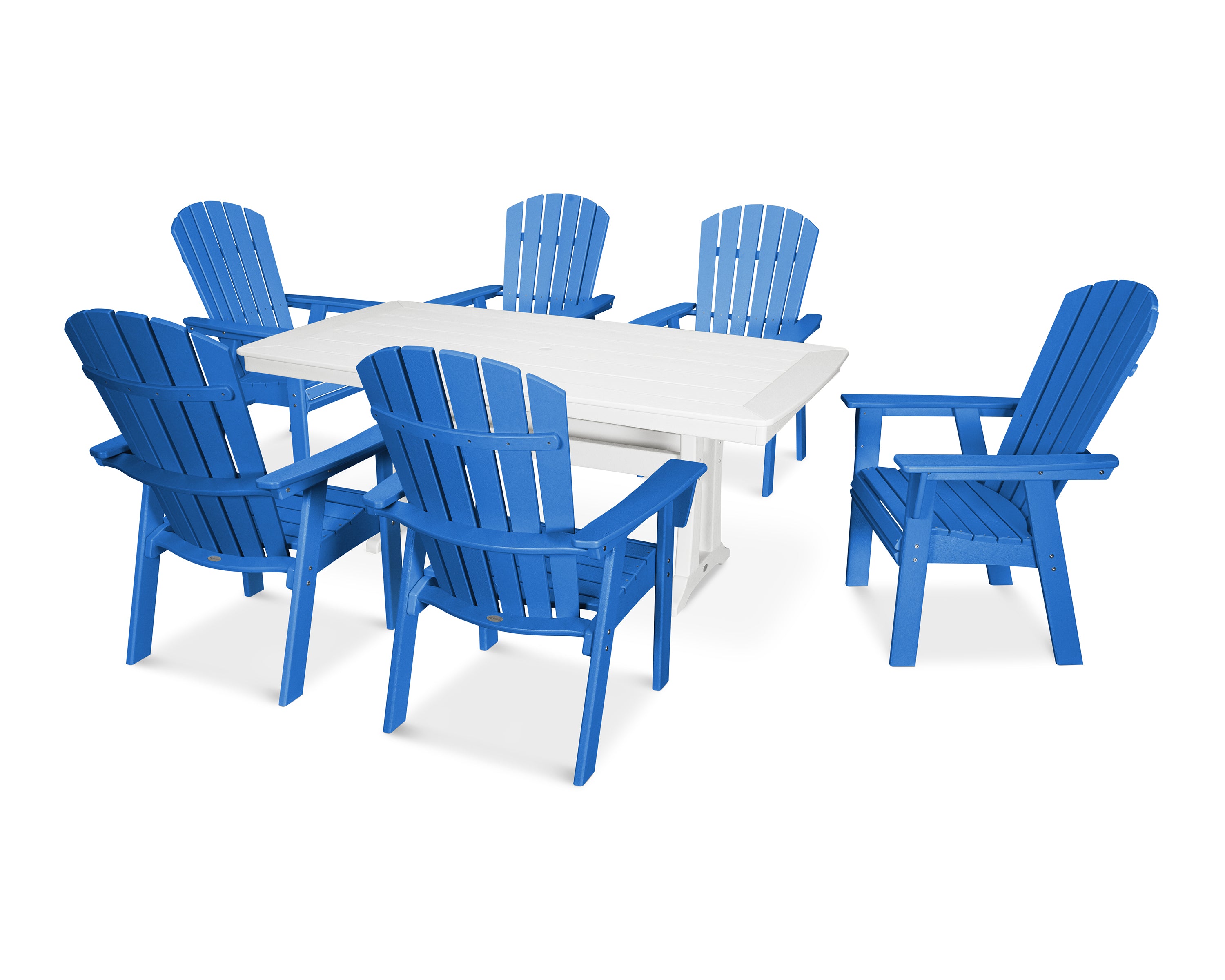 POLYWOOD Nautical Curveback Adirondack 7-Piece Outdoor Dining Set with Trestle Legs - Perfect for Patio, Poolside, and Beachfront Entertaining