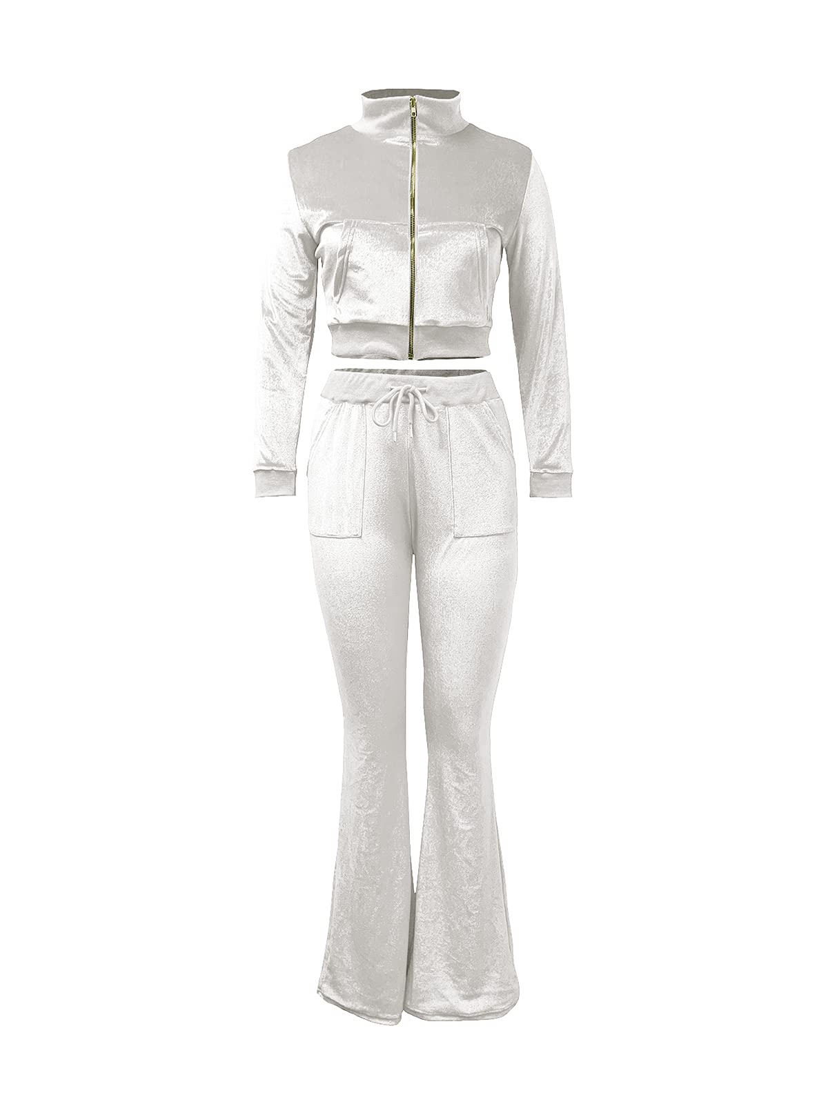 JURIS Women's 2-Piece Velour Tracksuit Set - Long Sleeve Zip Up Crop Top & Flare Pants Outfit for Yoga, Lounge & Streetwear Fashion