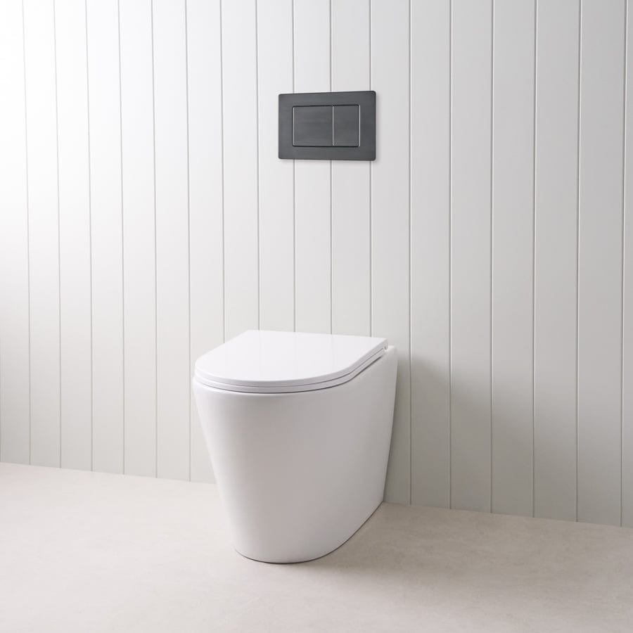 Angled In-Wall Toilet with Rectangle Matte Black Buttons - Modern Space-Saving Bathroom Solution for Small Homes and Apartments