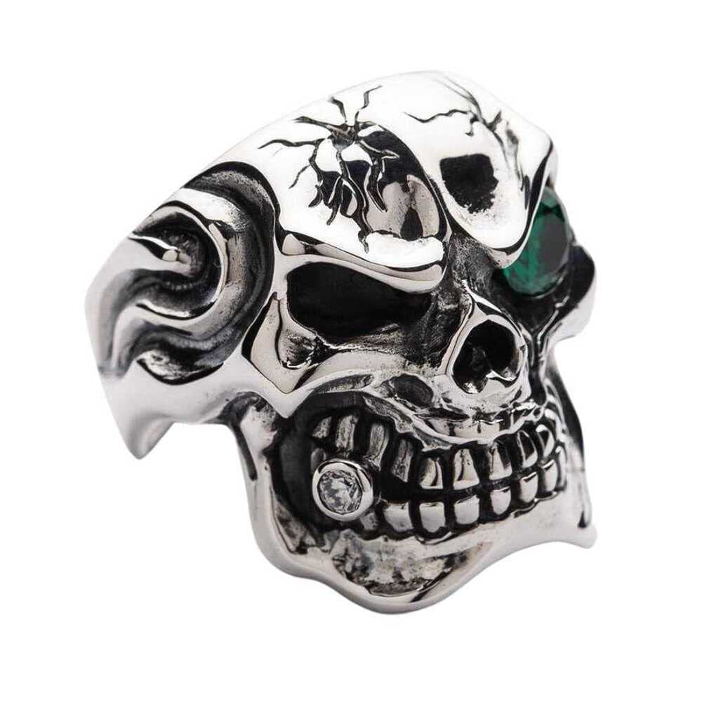 Bikerringshop 925 Sterling Silver Men's Skull Ring with Emerald Eyes - Gothic Jewelry for Bikers, Rockers & Punk Fashion Lovers