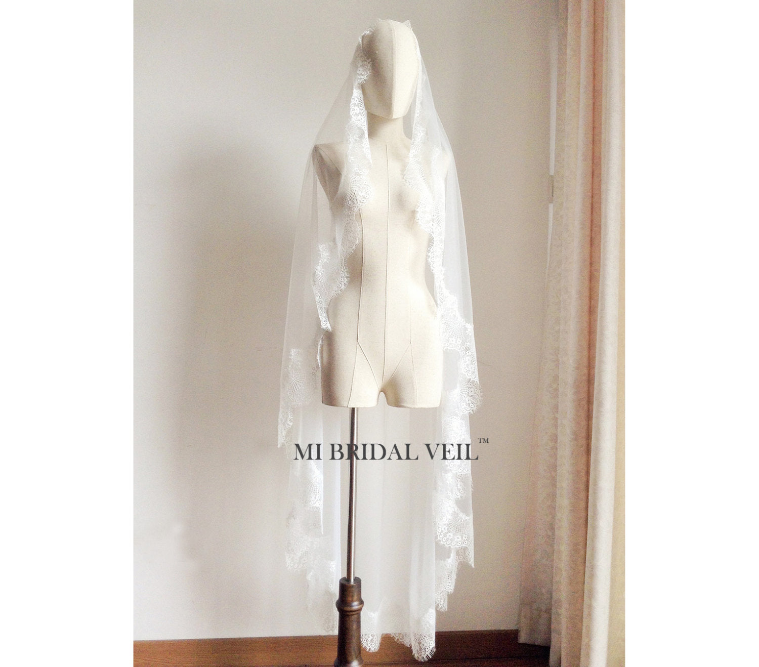 Elegant Mantilla Lace Wedding Veil with Blusher - Spanish Style Eyelash Lace Bridal Veil for Church Ceremony & Romantic Photography | Mi Bridal Collection