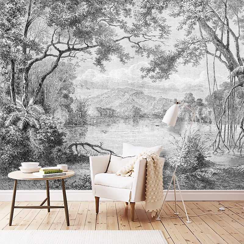Whispering Shadows: Black and White Forest Wallpaper - Nature-Inspired Peel & Stick Wall Mural for Bedroom, Living Room, Office Decor | Waterproof Removable Wallpaper
