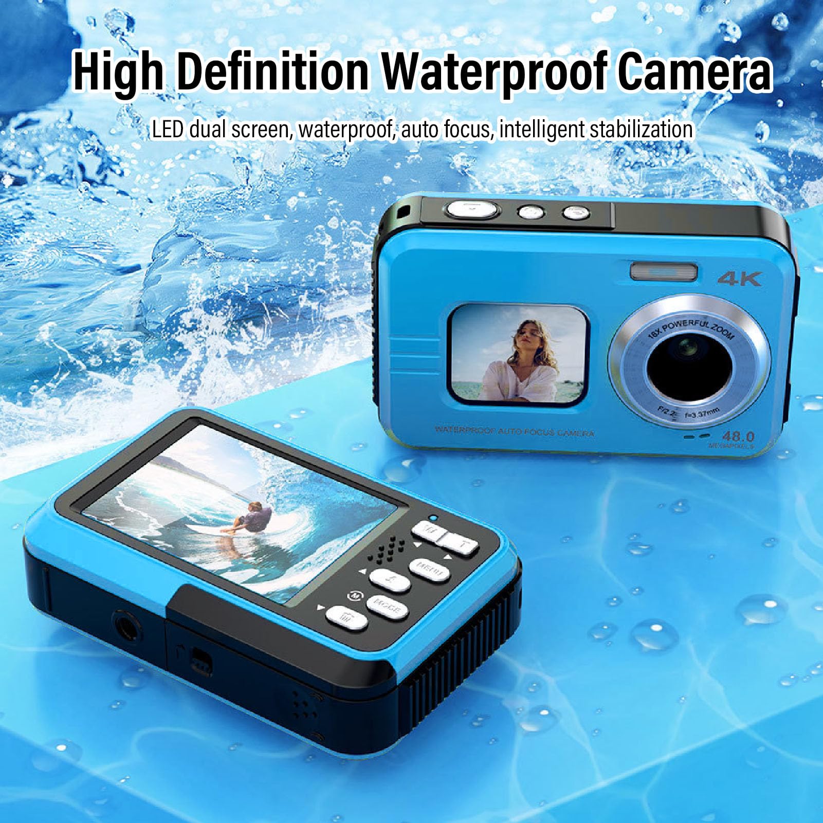 4K Underwater Camera with Autofocus - 48MP HD Dual Screen, 11FT Depth for Snorkeling & Diving | Compact Floatable Digital Camera for Selfies & Adventure (Blue) - Perfect for Beach Vacations, Pool Parties & Marine Exploration