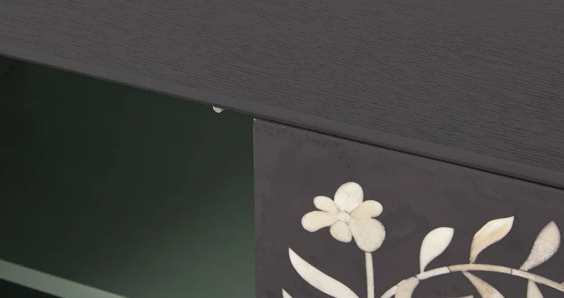 Handmade Bone Inlay Floral Design Black Two-Door Storage Cabinet - Entryway Organizer, Hallway Decor, Living Room Furniture for Home Storage Solutions
