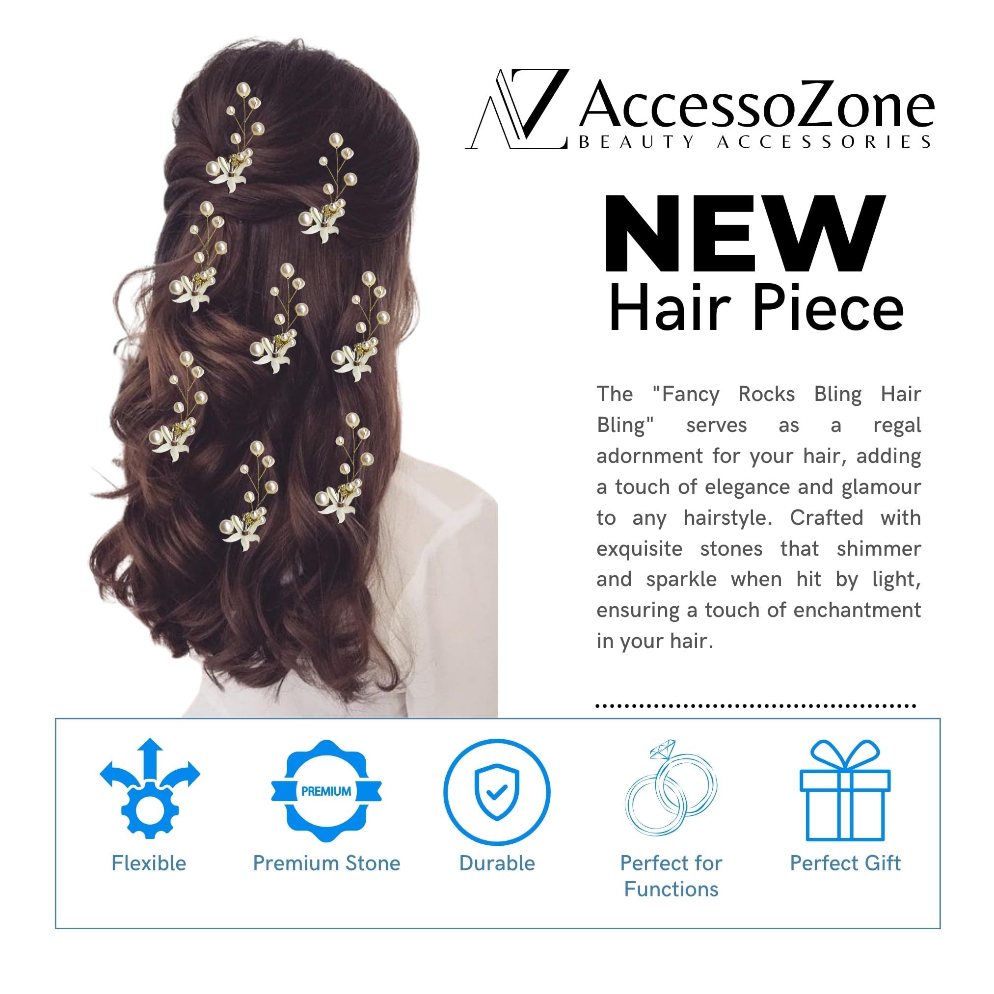 Gold & Pearl Flower Hair Pins for Women & Girls - Stylish Juda Bun Hair Accessories Set of 8 | Multipurpose Hair Clips for Weddings, Prom, Parties & Everyday Use
