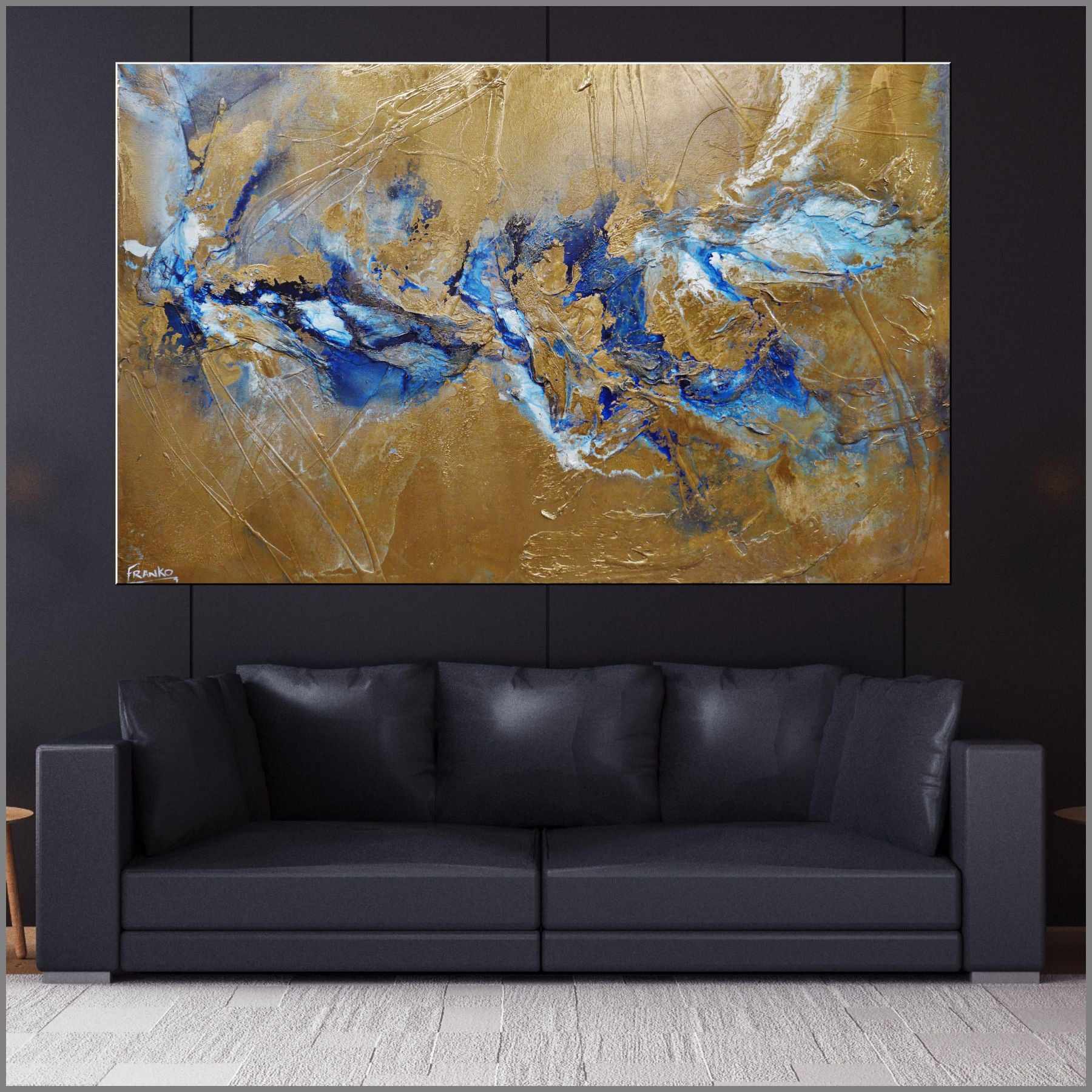 Metallic Sapphire 160cm x 100cm Gold Blue Textured Abstract Canvas Art - Modern Wall Decor for Living Room, Bedroom & Office