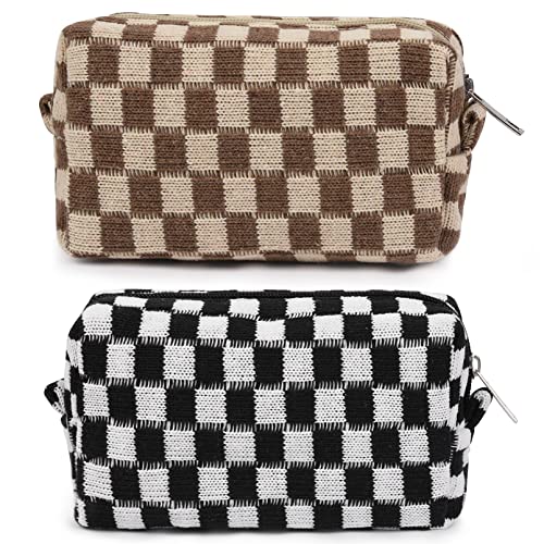 2 Pack Checkered Cosmetic Travel Bags - Cute Waterproof Makeup Pouch Organizers with Brush Storage for Women | Perfect for Travel, Gym & Daily Essentials Organization