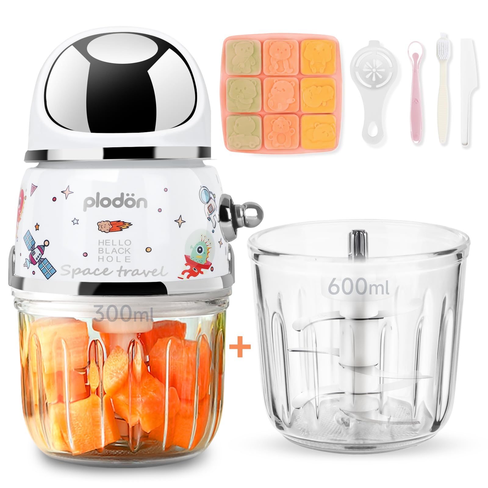 Mini Baby Food Maker - 2 Cup Glass Bowl Small Food Processor & Puree Blender for Infant Meals | Portable Baby Food Grinder & Chopper | Ideal for Homemade Baby Purees, Smoothies & Travel Feeding (Spaceman-White)
