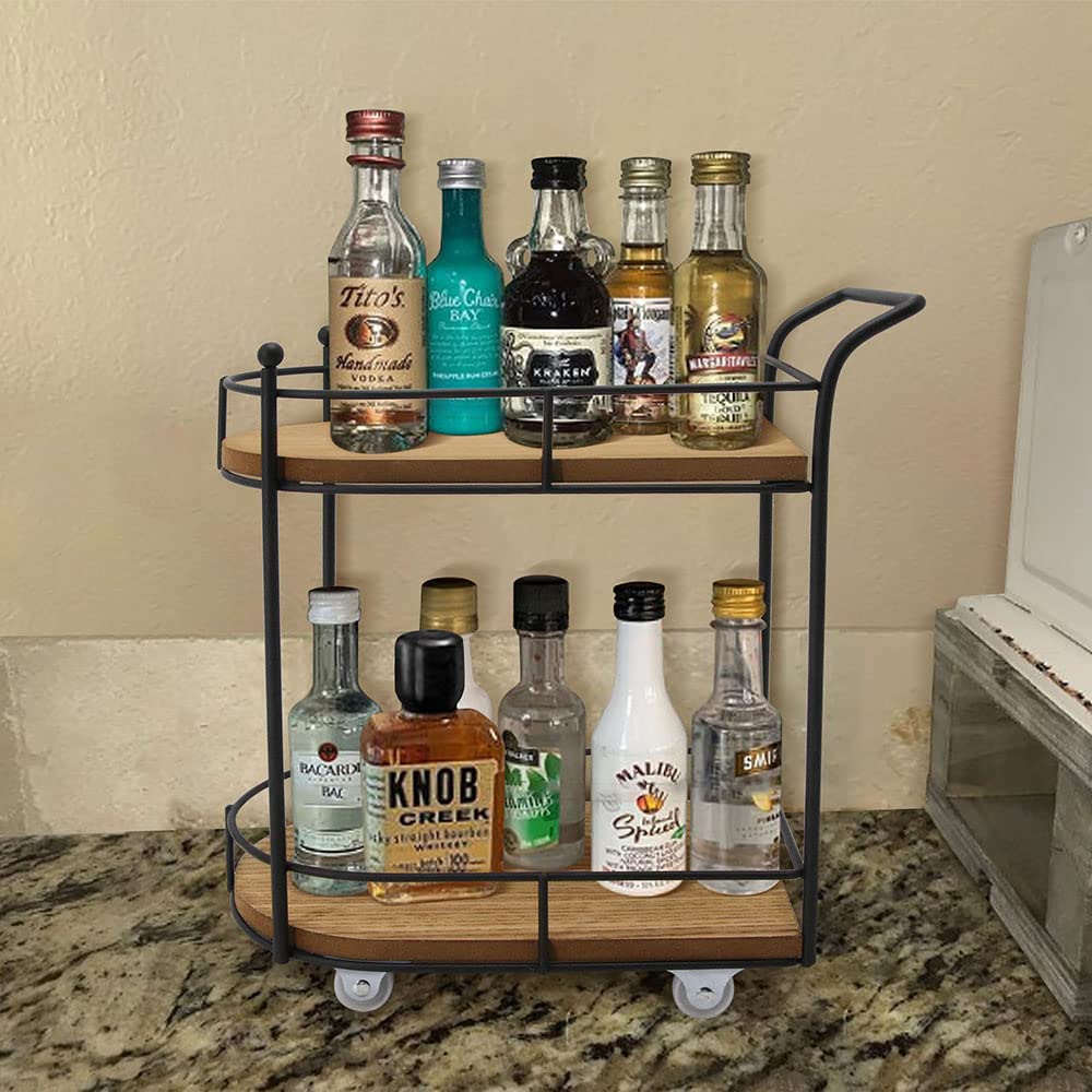 Two-Tier Matte Black Metal Wire and Wood Coffee Bar Cart - Mini Rolling Utility Cart with Tiered Tray - Coffee Bar Organizer, Kitchen Shelf, Farmhouse Decor - Perfect for Small Spaces, Home Office, and Entertaining Guests