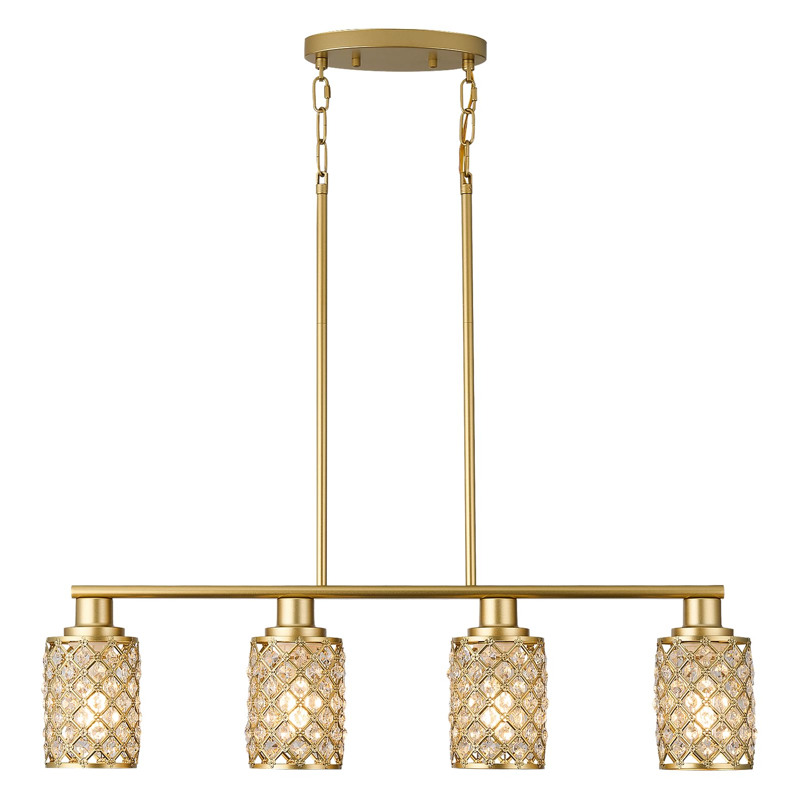 Farmhouse Gold 4-Light Linear Chandelier with K9 Crystal & Gold Grid Shade - Modern Kitchen Island Lighting & Dining Room Pendant Light Fixture for Farmhouse, Rustic, and Contemporary Home Decor (Perfect Over Dining Tables, Kitchen Islands, and Entryways)