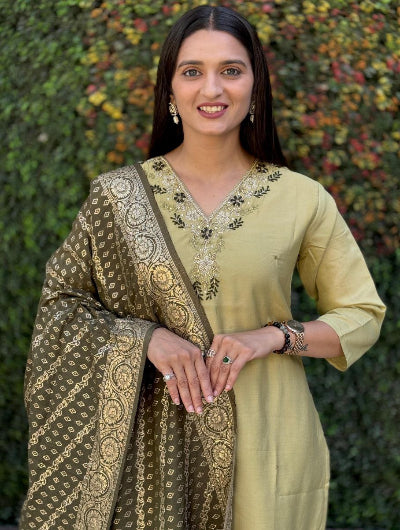 Olive Green Benarasi Cotton Salwar Suit Set for Women | Traditional Indian Ethnic Wear | Perfect for Weddings, Festivals & Special Occasions
