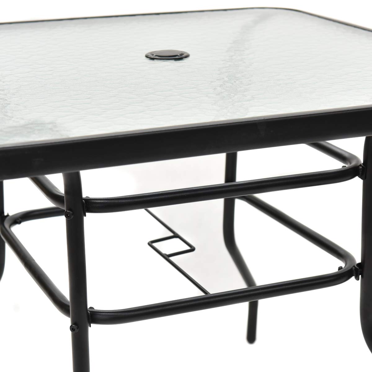 HW55022 Modern Glass Top Black Steel Square Dining Table - Perfect for Kitchen, Dining Room, and Small Space Decor