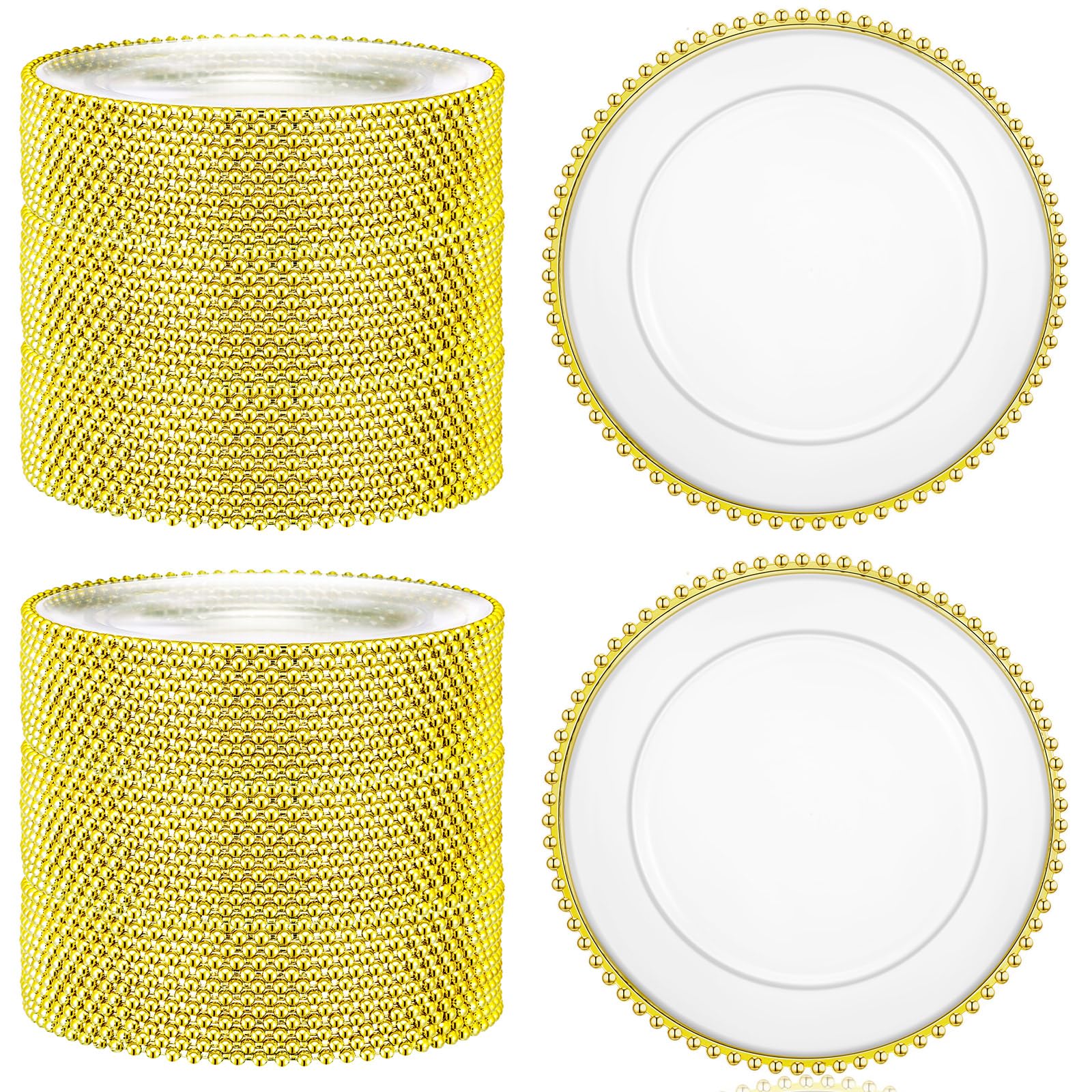 Dandat 100 Pcs 13 Inch Clear Round Plastic Charger Plates with Beaded Rim - Gold Decorative Dinner Plates for Wedding, Birthday Party, Events & Table Decor - Elegant Place Settings for Fine Dining & Special Occasions