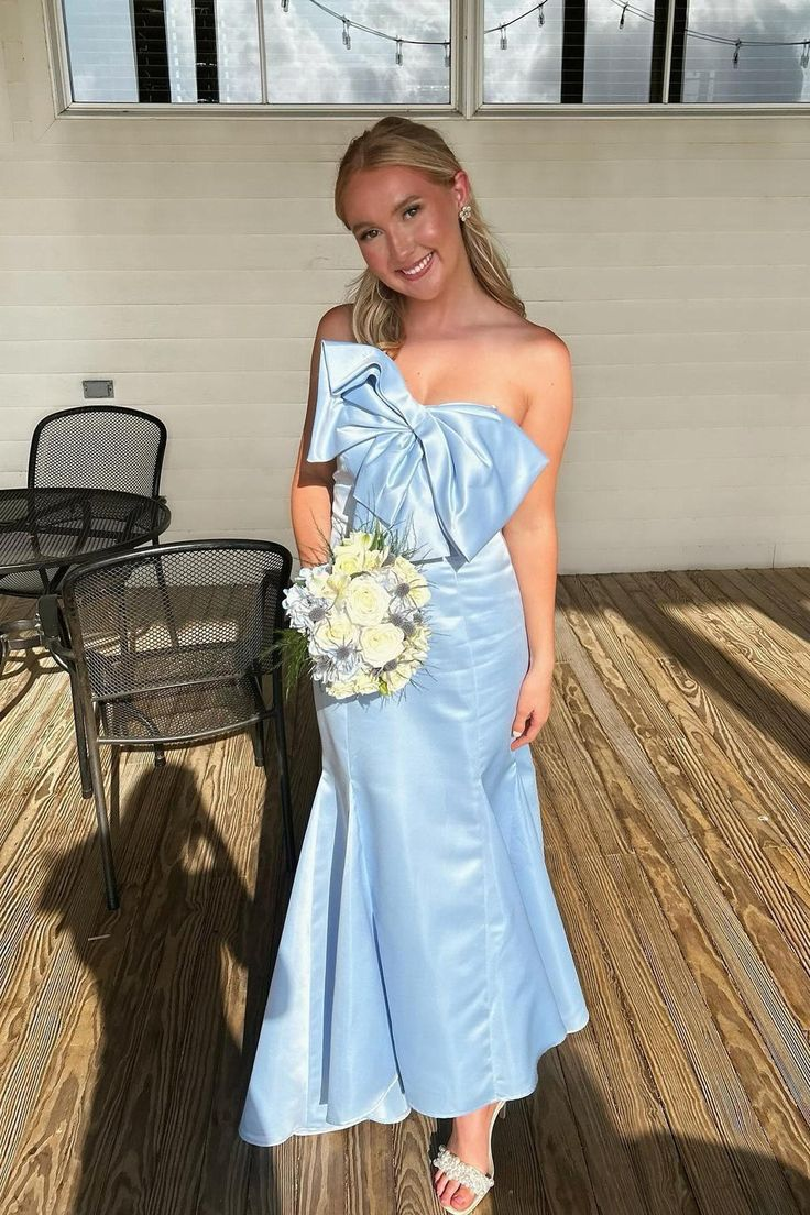 Elegant Blue Mermaid Satin Prom Dress with Bow - Formal Evening Gown for Homecoming, Quinceañera & Special Occasions - Style J5335
