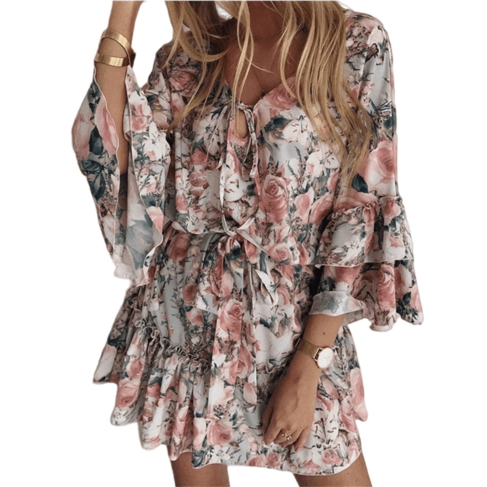 Women's Floral Chiffon Midi Dress with V-Neck & 3/4 Sleeves - Casual Summer Beach Dress for Vacation, Spring Outings & Outdoor Parties