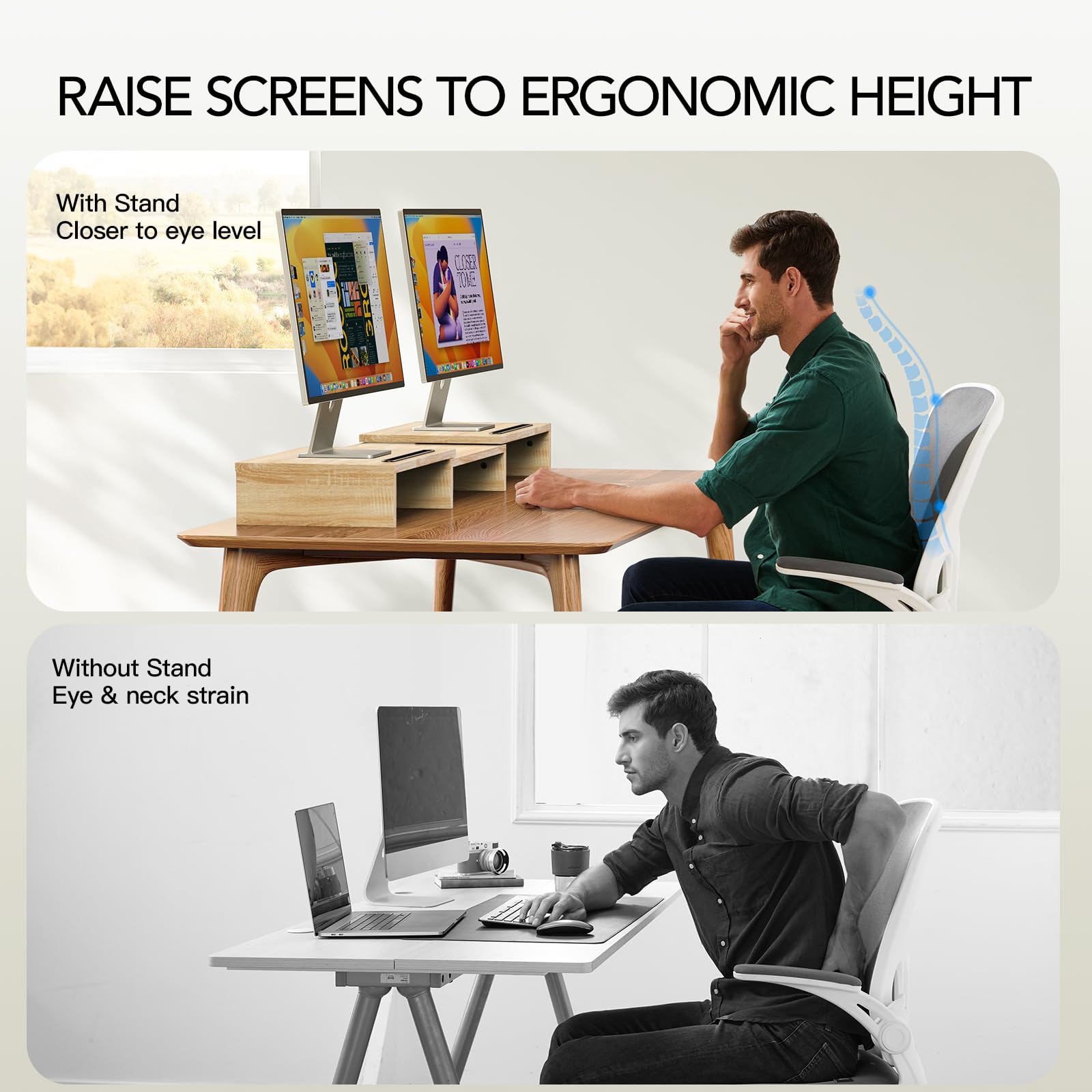 AMERIERGO Dual Monitor Stand Riser - Adjustable 3 Shelf Computer Desk Organizer with Extra Slots for PC, Laptop, Home & Office Workspace (Light Wood) - Perfect for Ergonomic Setup and Clutter-Free Workspace