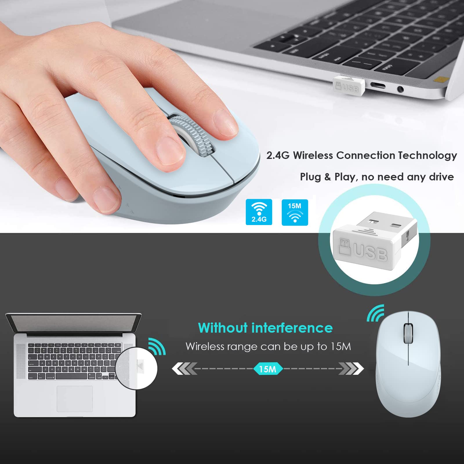 LeadsaiL Wireless Mouse for Laptop - 2.4GHz Silent USB Optical Mouse with 3 Buttons, 1600 DPI, Slim Design | Compatible with Windows, Mac, Chrome OS & Linux | Perfect for Office, Home & Travel Use