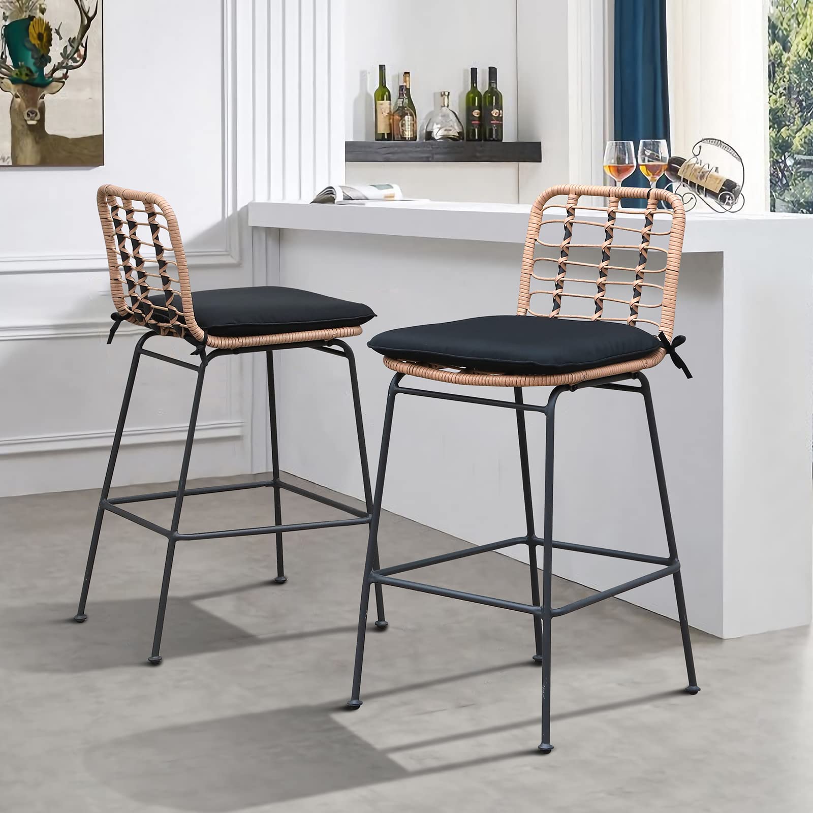 **Patiorama Outdoor Bar Stools Set of 2 – Counter Height Rattan Bar Chairs with Footrest, Hand-Woven Armless Design – Beige & Black Cushion – Perfect for Garden, Pool, Patio, Kitchen, Cafe, and Indoor Use**