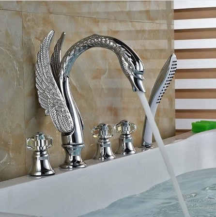Luxury Swan Shape 5-Piece Bathtub Mixer Faucet Set - Deck Mount 3-Handle with Handheld Shower Tub Filler in Chrome Finish - Perfect for Modern Bathroom Renovation and Spa-Like Experience