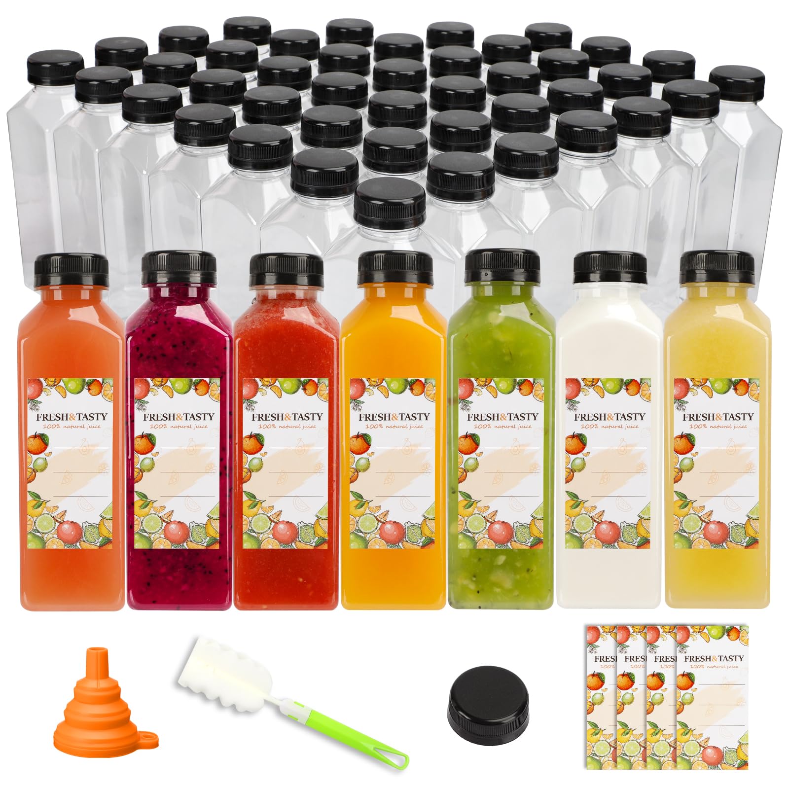 TOMNK 100 Pack 16oz Plastic Juice Bottles with Black Caps - Includes Labels, Funnel & Brush - Perfect for Juicing, Smoothies, Tea, Milk, Meal Prep & DIY Beverage Storage