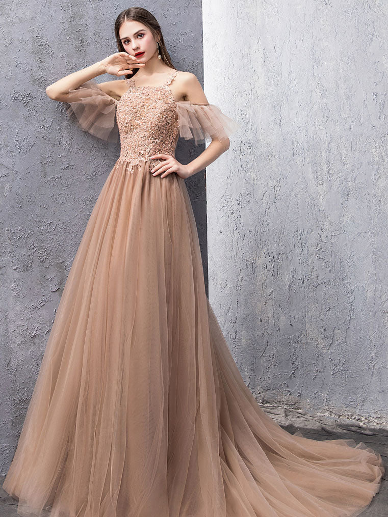 Elegant Champagne Tulle Lace Long Prom Dress & Evening Gown - Perfect for Homecoming, Formal Dances, Weddings, and Special Occasions