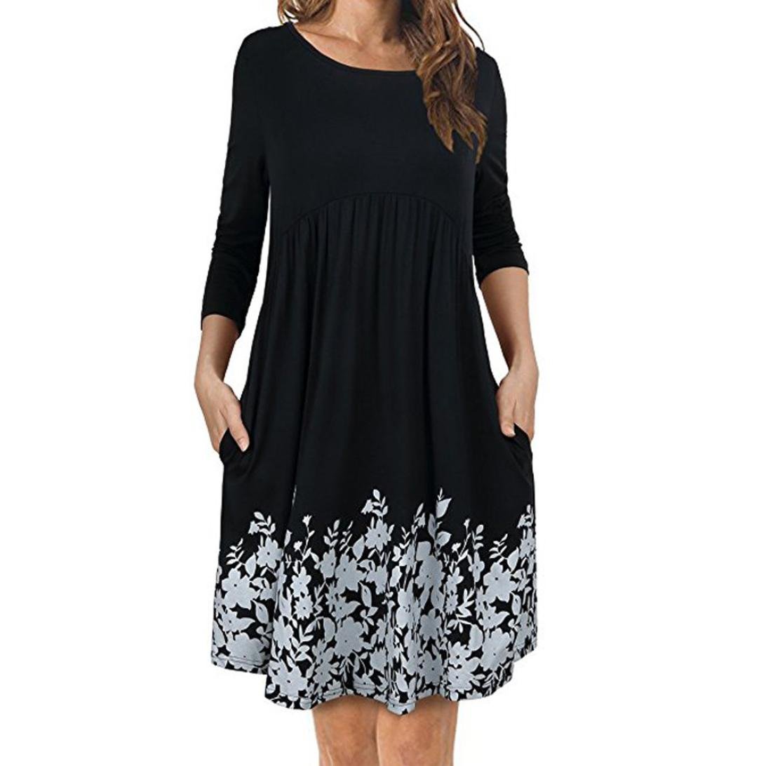 Women's Long Sleeve Floral Print Pleated Swing Dress with Pockets - Casual T-Shirt Dress for Everyday Wear, Date Night & Office Outfits