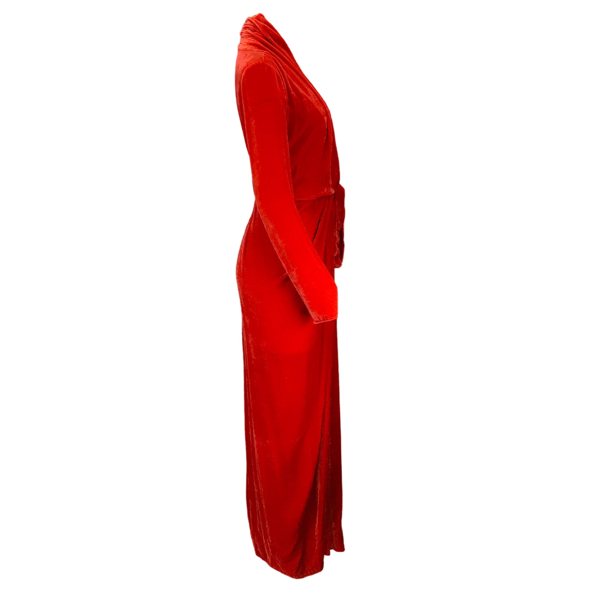 Rick Owens Cardinal Red 2019 Long Sleeve Velvet Wrap Gown Dress - Elegant Evening Wear for Parties, Weddings & Special Occasions