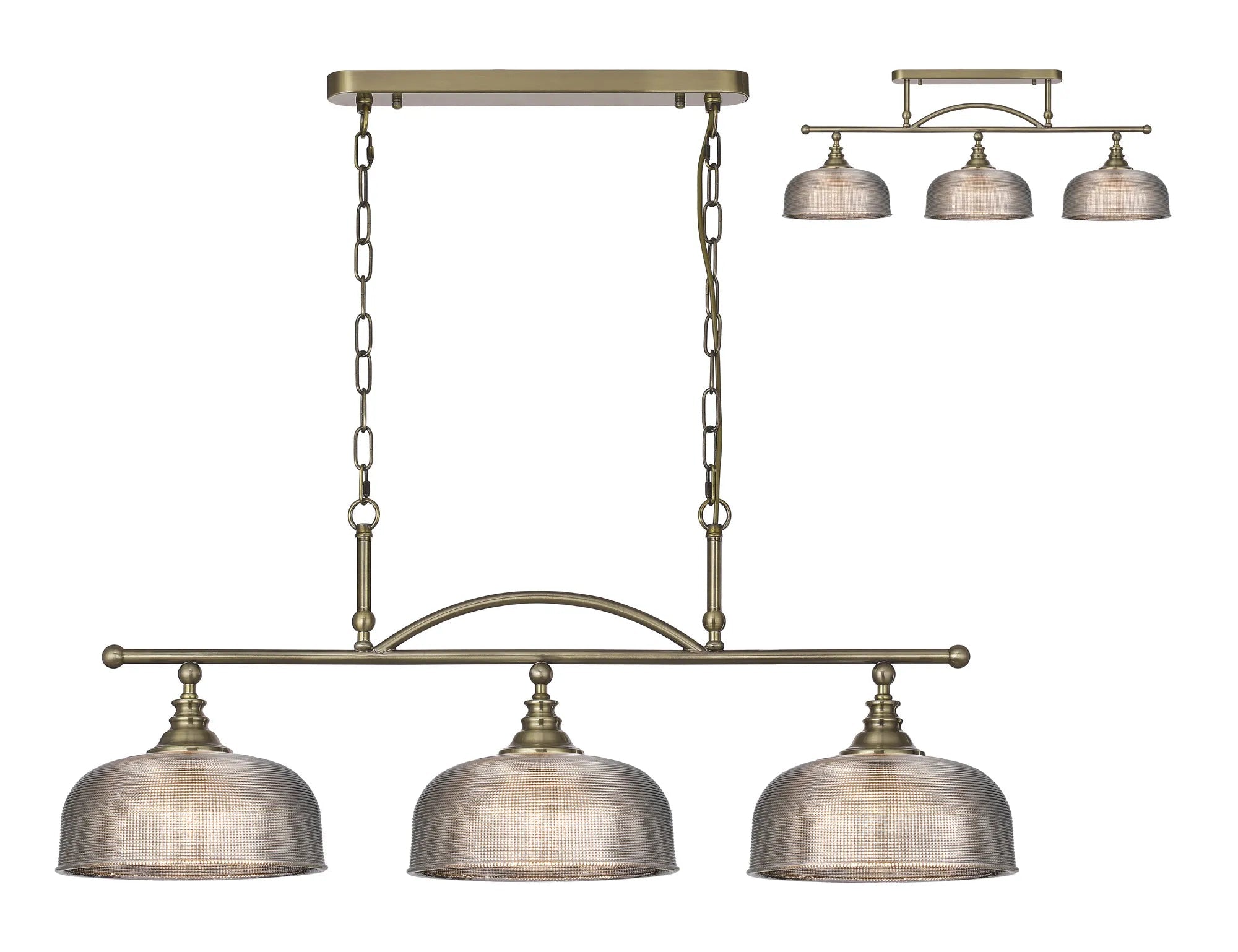 Cleron Semi Flush Mount Ceiling Light - Adjustable 2/3 Light Kitchen Lighting Fixture with E27 Socket in Satin Nickel, Polished Nickel & Antique Brass Finish - Prismatic Glass Shade for Dining Room, Bedroom or Hallway Lighting