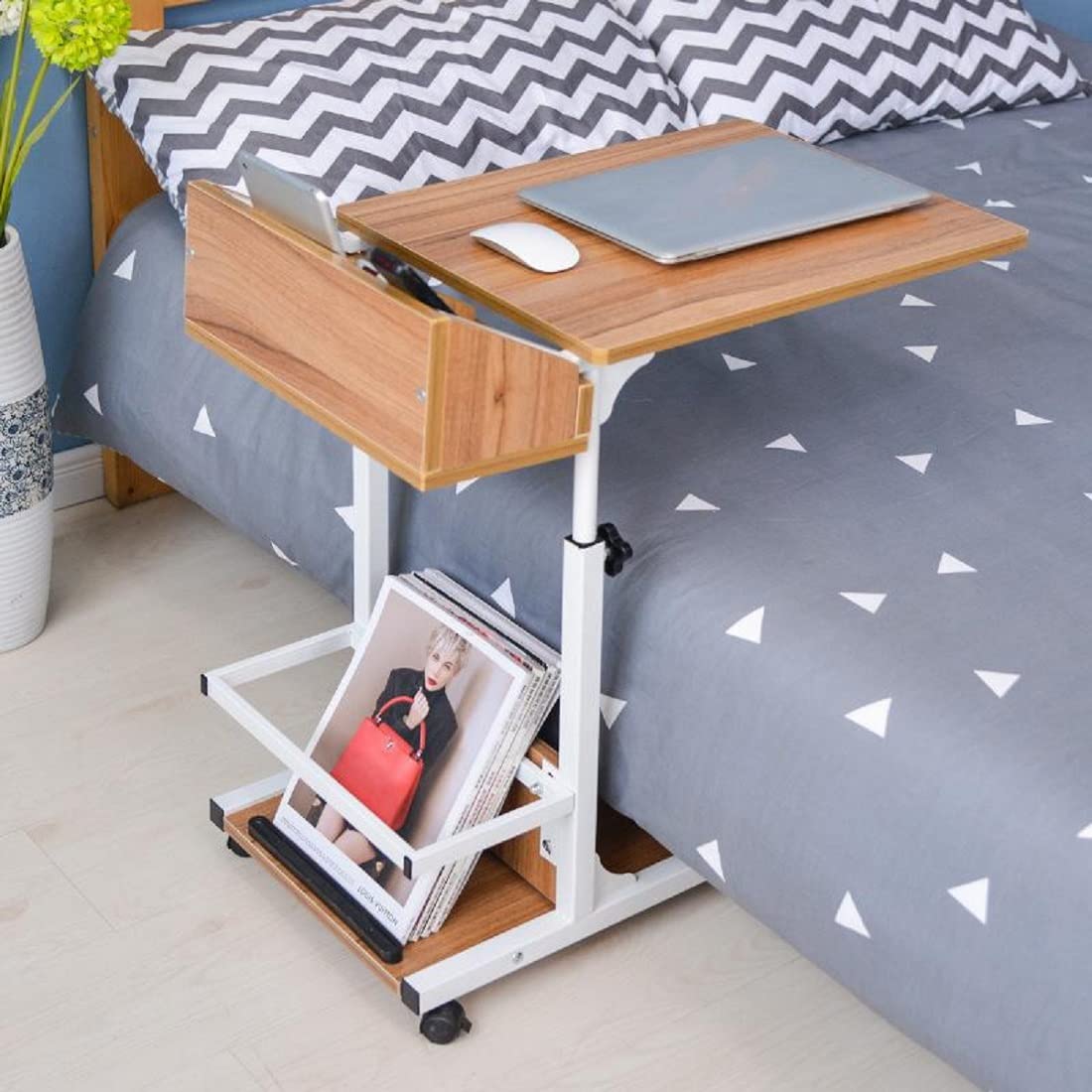 Adjustable C-Shaped Rolling Side Table with Wheels - Portable Laptop Desk, Snack Table & Storage Organizer for Living Room, Bedroom, Study or Couch - Perfect for Work, Reading, Gaming & Relaxation