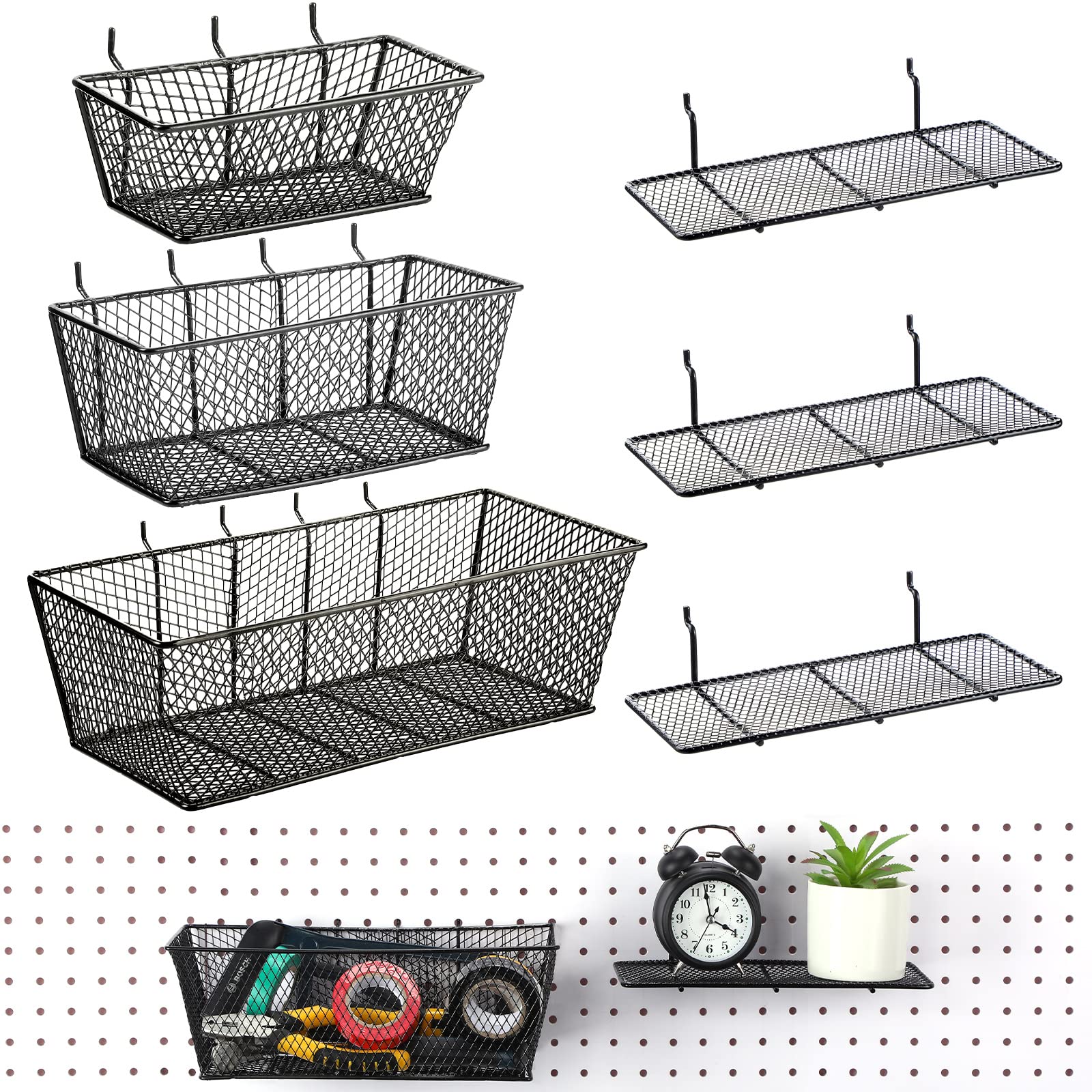 Sieral 6-Piece Pegboard Baskets Set - Wall Mount Organizer for Tools & Crafts (Black) - Perfect for Garage & Workshop Storage