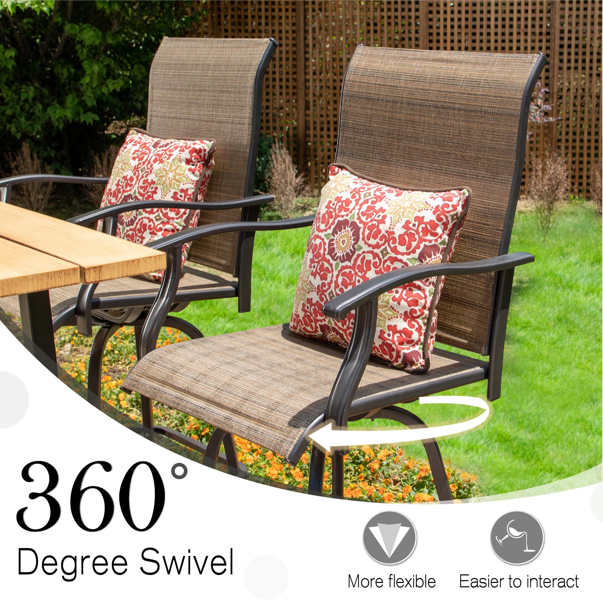 Sophia & William Outdoor Bar Set - 2 Swivel Bar Chairs & 1 Square Bar Table, Patio Furniture for Backyard, Deck, Poolside - Brown Wood-Like Finish (Weather-Resistant)