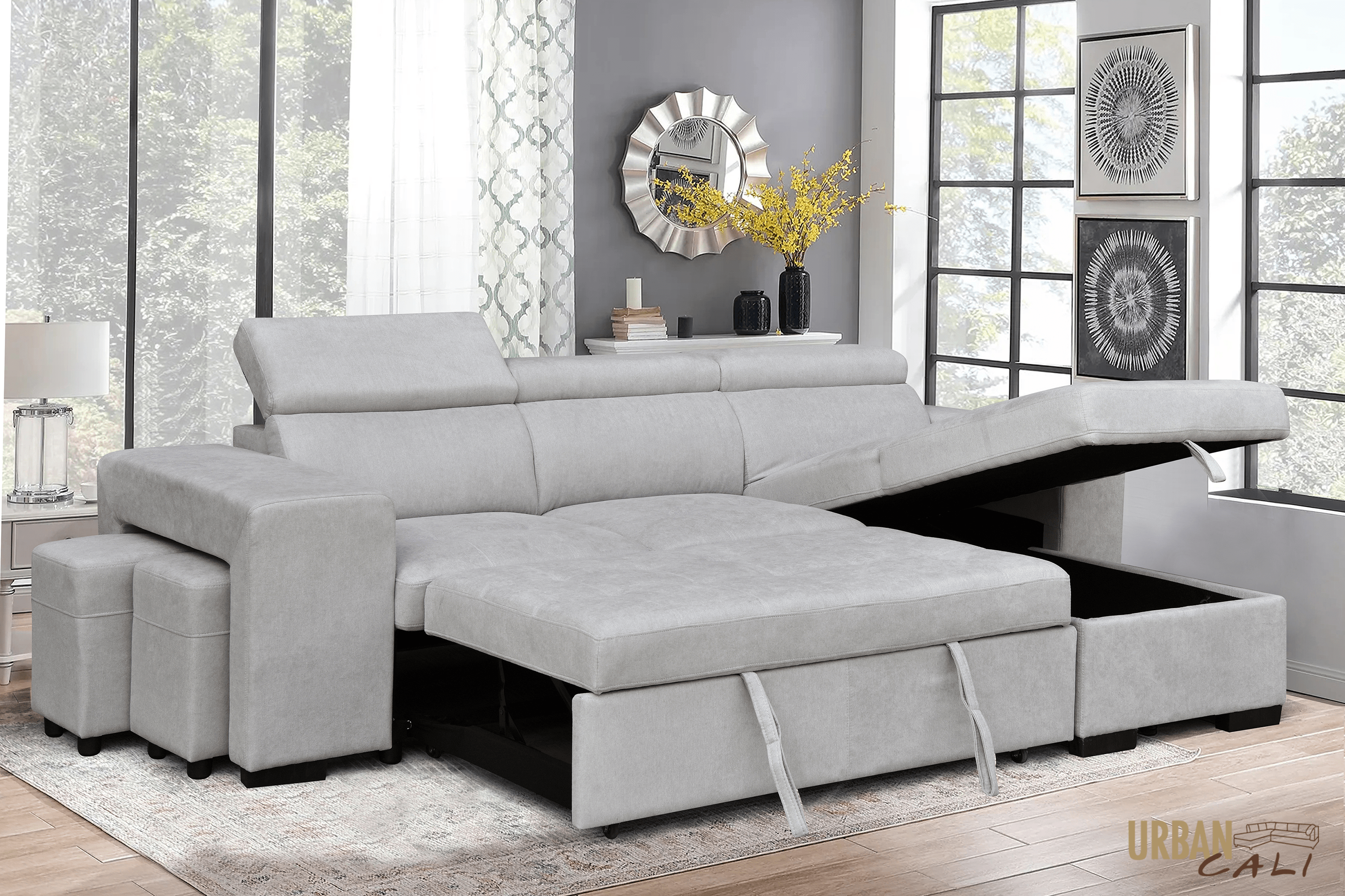 Sonoma Sleeper Sectional Sofa Bed with Reversible Storage Chaise & 2 Stools - Grey Canvas Fabric | Perfect for Small Spaces, Guest Rooms & Multi-Functional Living Areas