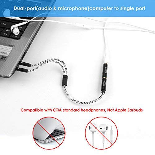 CableCreation 3.5mm Headset Splitter Cable - Female to Dual Male Audio Y Splitter with CTIA/OMTP Adapter - 0.2M Black & White - Perfect for Gaming Headsets, Music Sharing, and Conference Calls