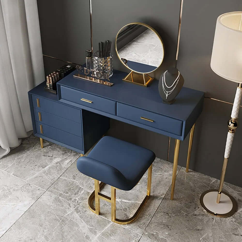 Modern Blue Makeup Vanity Set with Retractable Dressing Table, Cabinet, Stool & Mirror - Perfect for Bedroom, Bathroom & Beauty Salon Organization