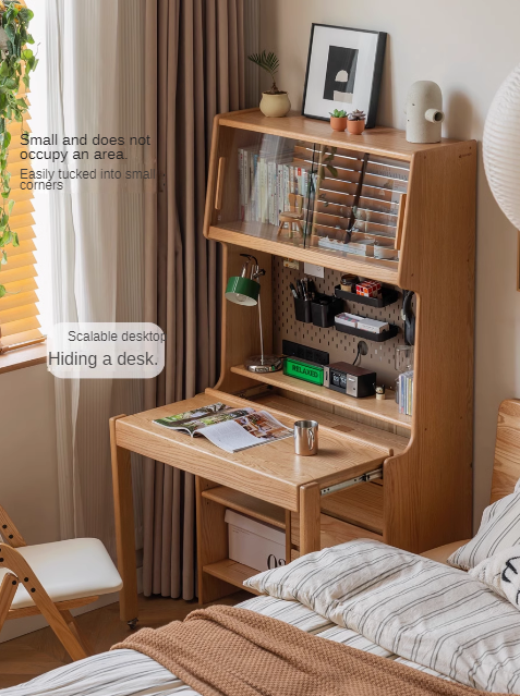 Solid Oak Wood Modern Retractable Desk with Integrated Bookcase - Home Office, Study Room, and Workspace Solution