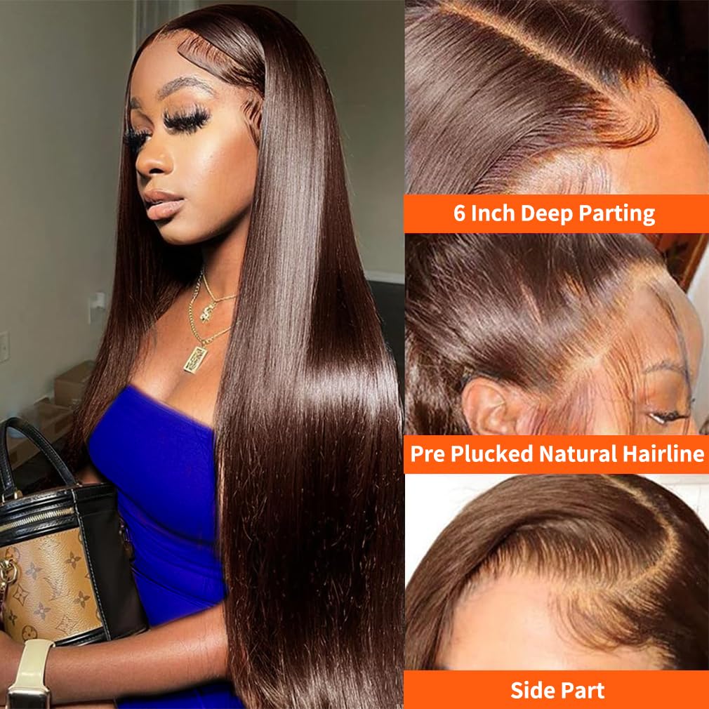 32 Inch Chocolate Brown Lace Front Wigs Human Hair 200% Density 13x6 HD Straight Pre Plucked 4# Frontal Wigs for Women - Natural Look for Daily Wear, Cosplay & Special Occasions