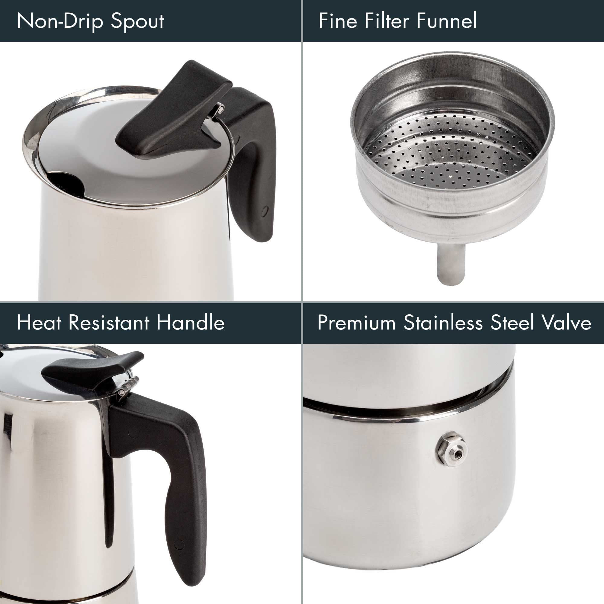 Primaria Premium Stainless Steel Stovetop Espresso Maker - 6 Cup Italian Moka Pot for Rich Coffee - Perfect for Home, Office & Camping Brewing