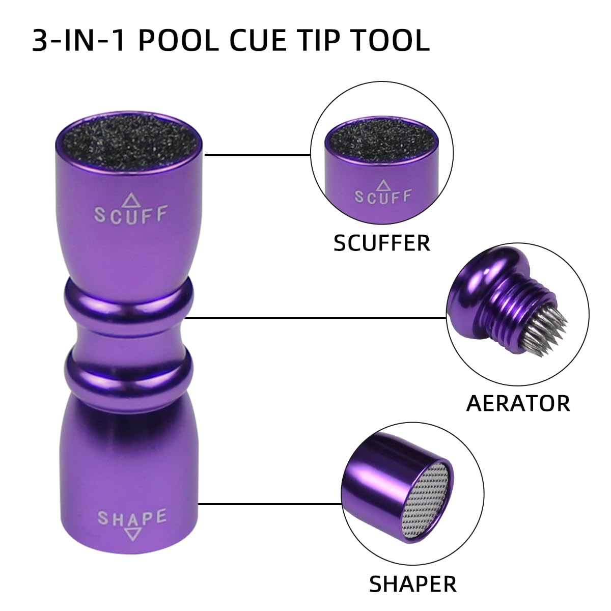 Scott Edward 3-in-1 Pool Cue Tip Tool - Professional Billiard Cue Accessories with Scuffer, Shaper & Aerator - Perfect Gift for Men, Husbands & Friends - Ideal for Home Game Rooms, Bars & Pool Halls