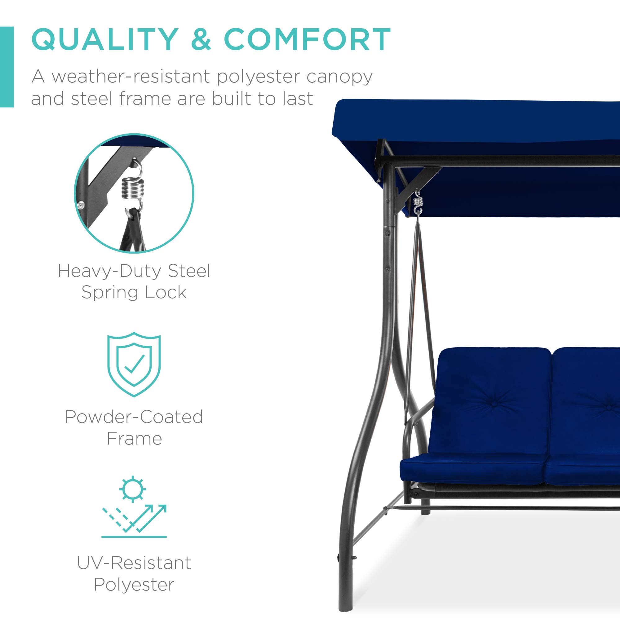 Best Choice Products 3-Seat Outdoor Convertible Canopy Swing Glider - Patio Hammock Lounge Chair with Flatbed, Adjustable Shade & Removable Cushions for Porch, Backyard, Garden - Navy Blue | Perfect for Relaxing, Lounging & Outdoor Entertaining
