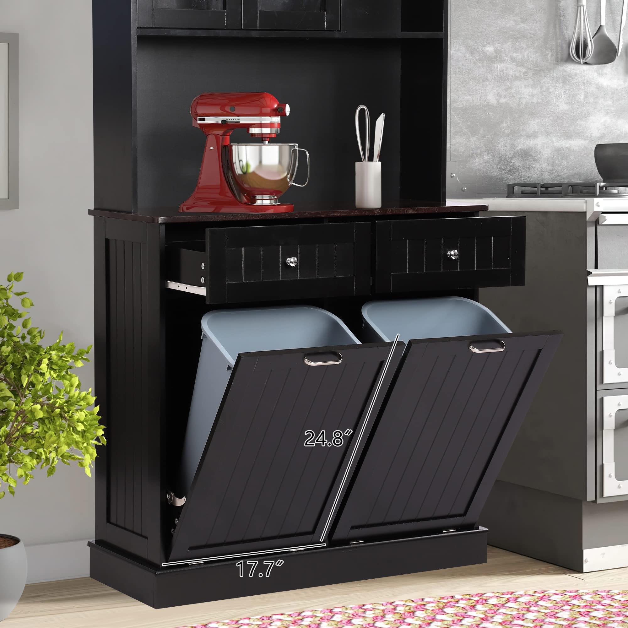 **Tall Freestanding Kitchen Pantry Storage Cabinet with Microwave Shelf & Tilt-Out Trash Bin - Classic Black - Perfect for Small Kitchens & Pantry Organization**