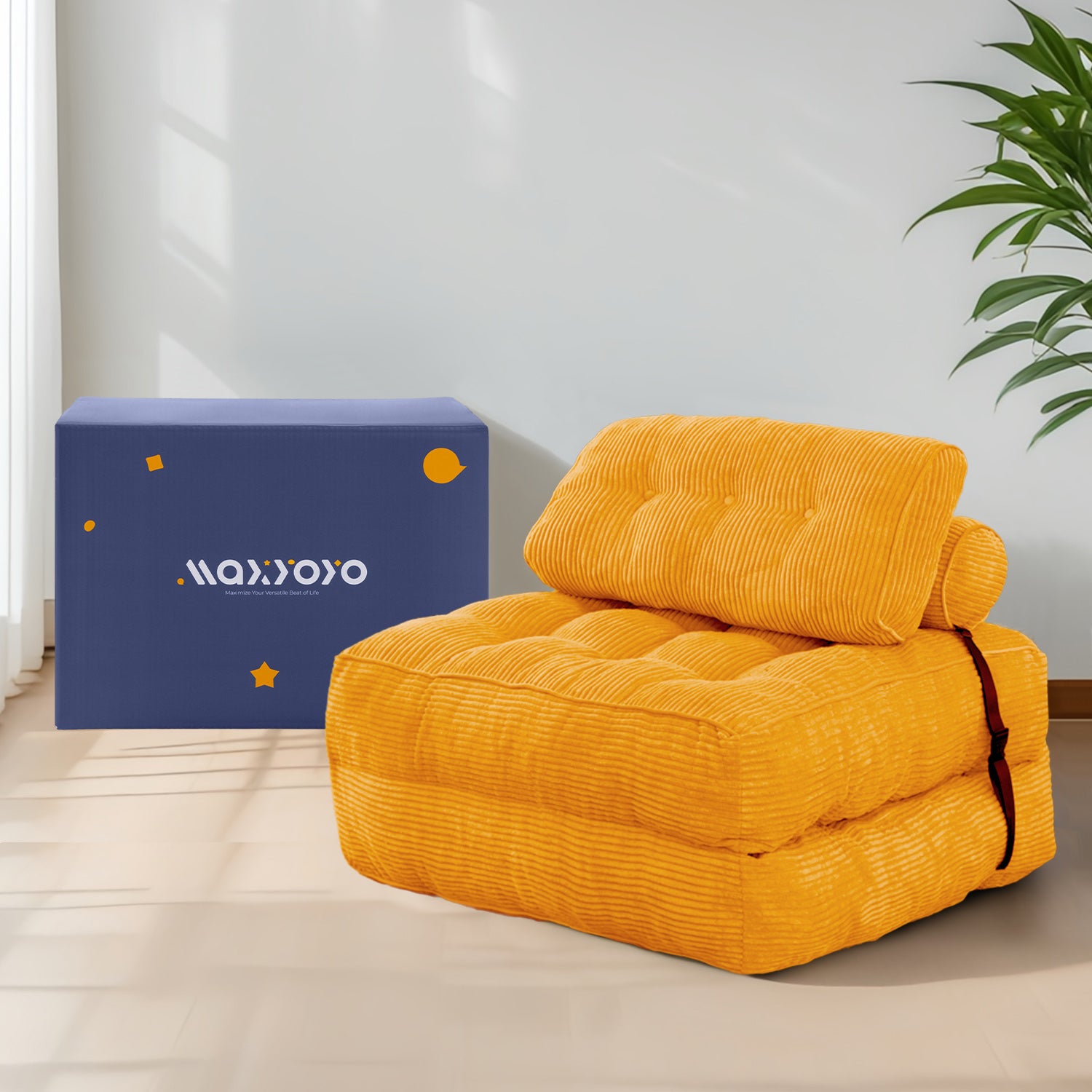 MAXYOYO Corduroy Sofa Bed - Convertible Sleeper Chair with Back Support in Orange | Comfortable Guest Bed & Space-Saving Living Room Furniture
