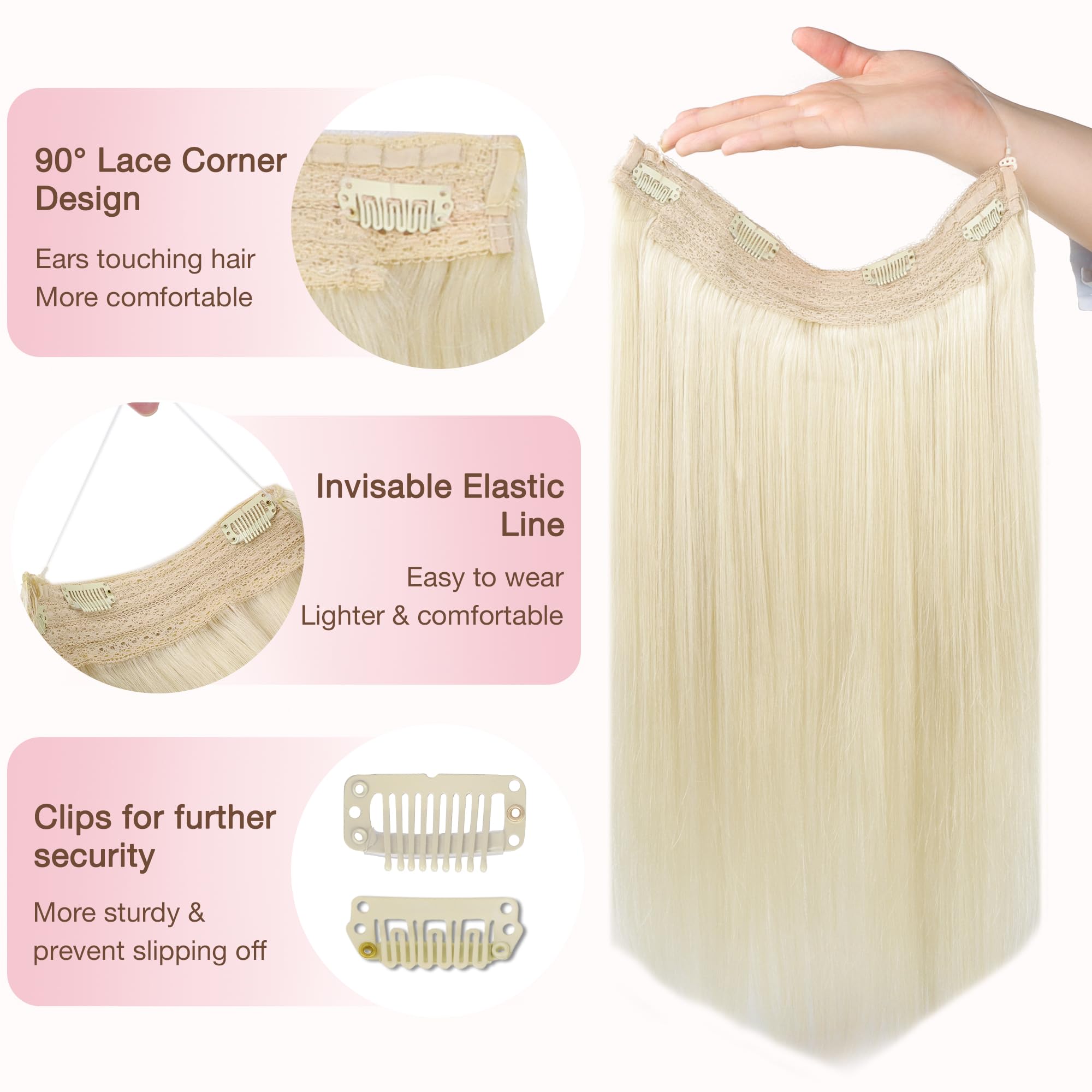 GOO GOO 20Inch 60C Platinum Blonde Human Hair Extensions - 110g Invisible Wire Hairpiece with Transparent Seamless Fish Line for Natural Look | Perfect for Weddings, Parties & Daily Styling