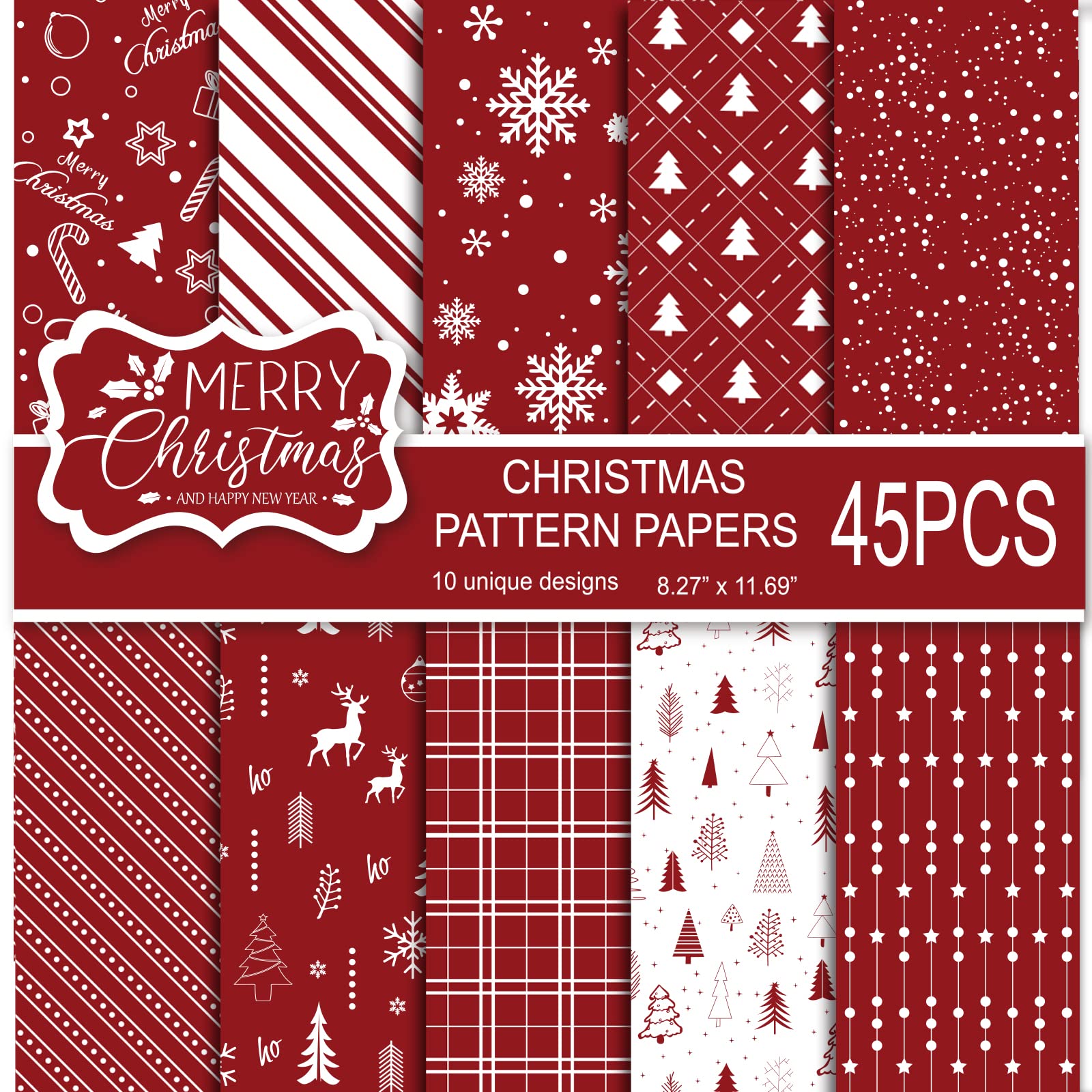 45 Sheets Merry Christmas Pattern Paper Set - 10 Festive Designs, Double-Sided A4 Craft Paper for Card Making, Scrapbooking, Gift Wrapping (Red & White) - Perfect for Holiday DIY Projects, Christmas Cards, and Home Decor