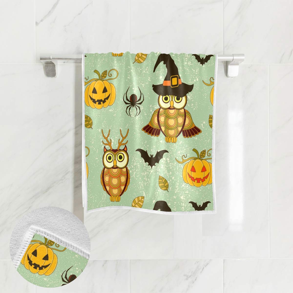 ALAZA Seamless Halloween Hand Towel Set - Pumpkin & Owl Print Absorbent Cotton Towels for Yoga, Gym, Spa, Bathroom, Kitchen, Hotel & Home Decor (15x30 Inch) - Perfect for Halloween Parties, Fall Decorations & Seasonal Gift Giving