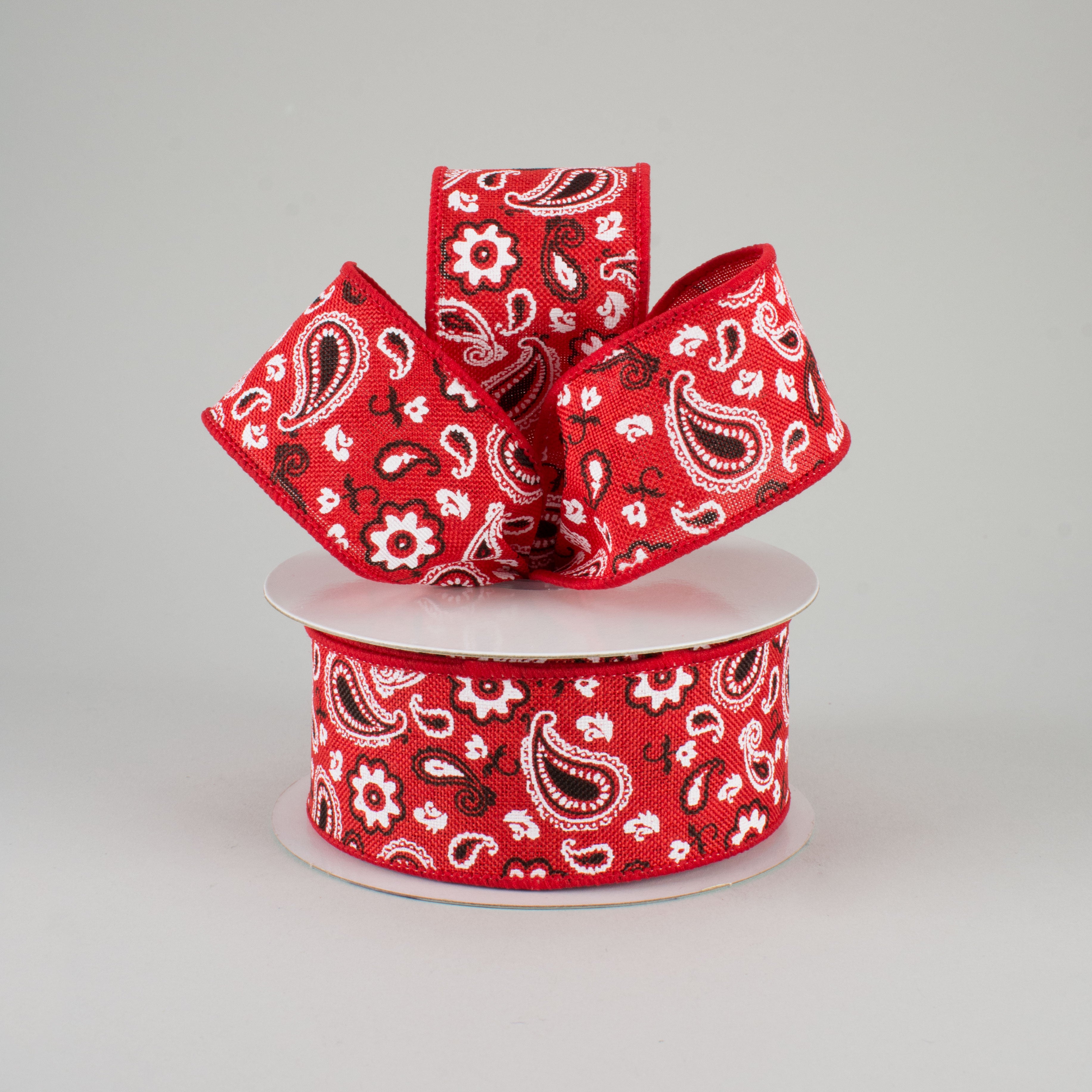 1.5 Inch Bandana Print Canvas Ribbon - Red Floral Cotton Craft Ribbon (10 Yards) for DIY Scrapbooking, Gift Wrapping & Hair Accessories