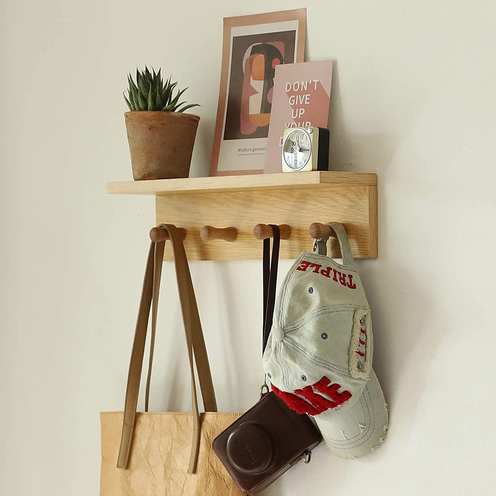 Oak Wall Mounted Coat Rack with Hooks & Shelves - Space Saving Entryway Organizer for Hats, Jackets & Keys | Perfect for Hallway, Mudroom or Bedroom Decor