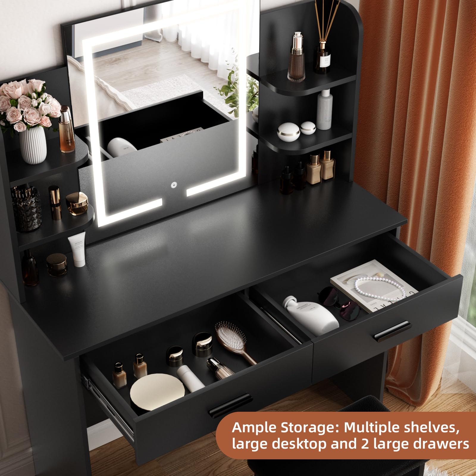 SMOOL Vanity with LED Lighted Mirror - Makeup Vanity Desk with 3 Color Lighting Modes & Adjustable Brightness, Vanity Table with Storage Shelves, Drawers & Stool - Perfect for Bedroom, Dressing Room & Beauty Salon