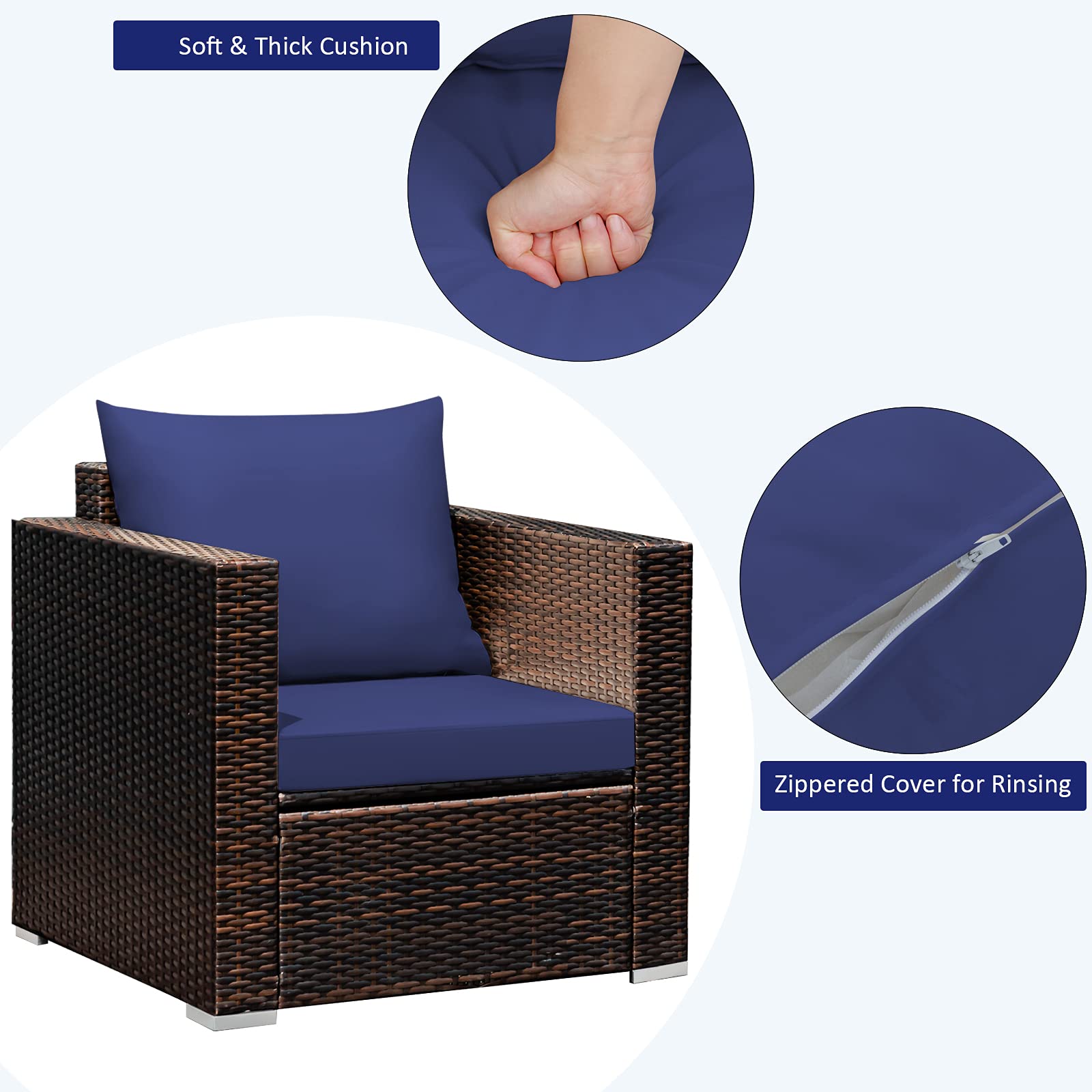 Tangkula 3-Piece Outdoor Patio Furniture Set - PE Rattan Wicker Sofa with Washable Cushions & Tempered Glass Table - Garden, Poolside, Balcony Conversation Set for Relaxing & Entertaining
